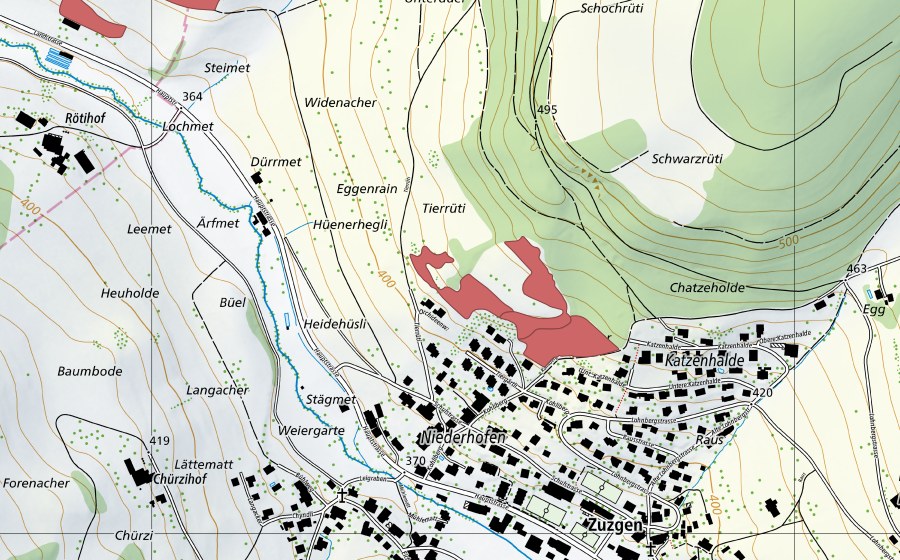 Landeskarte swisstopo mit dem Schutzperimeter von Chatzehalde (Trockenwiese)
