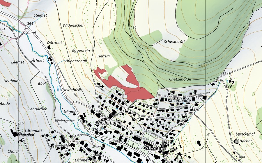 Landeskarte swisstopo mit dem Schutzperimeter von Chatzehalde (Trockenwiese)