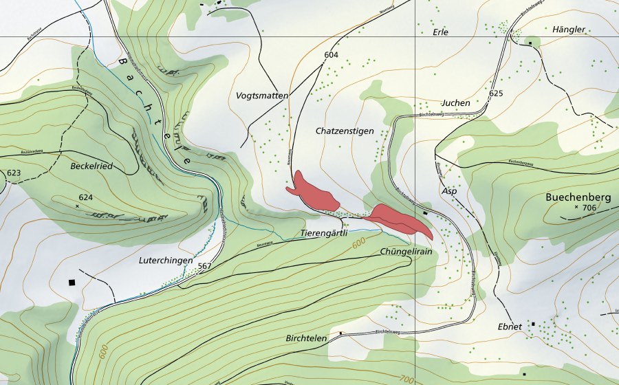 Carte nationale swisstopo avec le périmètre protégé de Chatzenstigen (Prairie sèche)