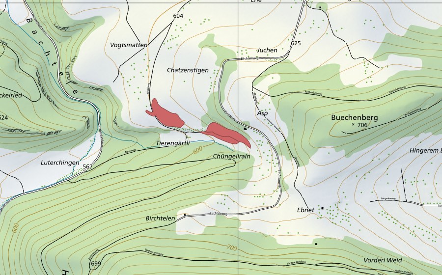 Carte nationale swisstopo avec le périmètre protégé de Chatzenstigen (Prairie sèche)