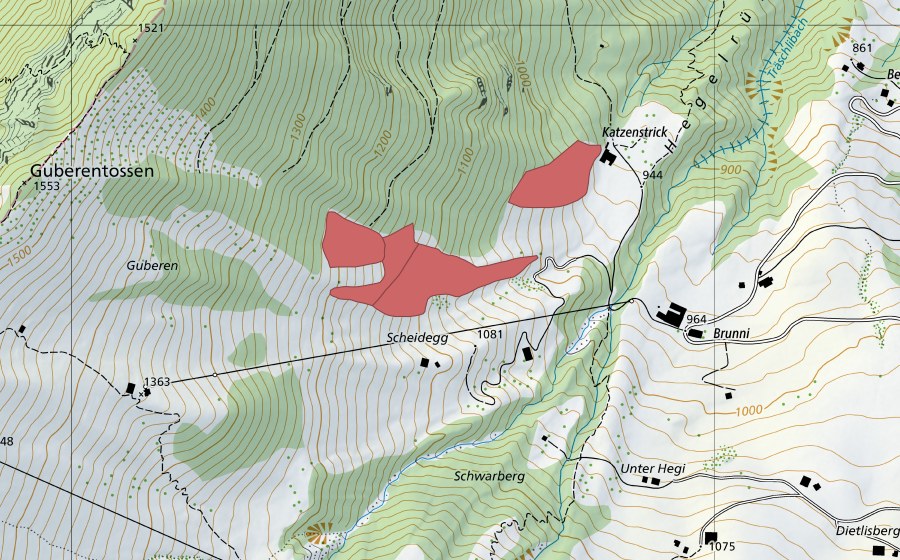 swisstopo national map showing the protected perimeter of Chatzenstrick (Dry meadow)