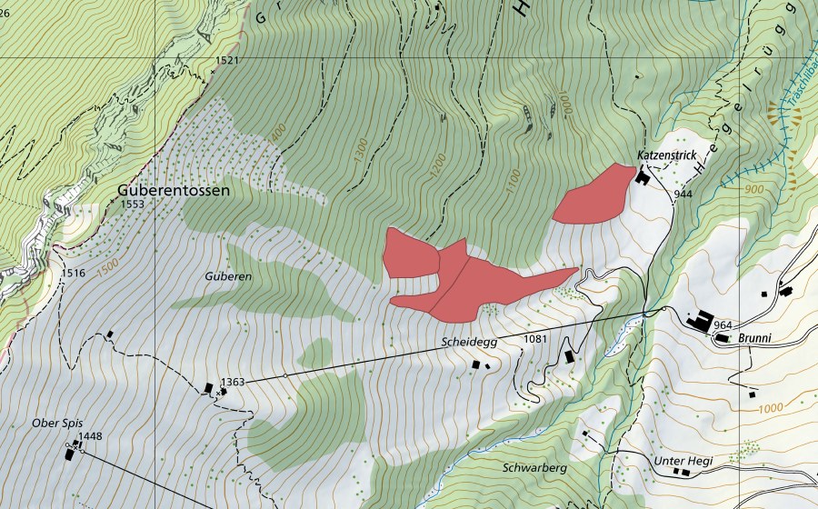 swisstopo national map showing the protected perimeter of Chatzenstrick (Dry meadow)