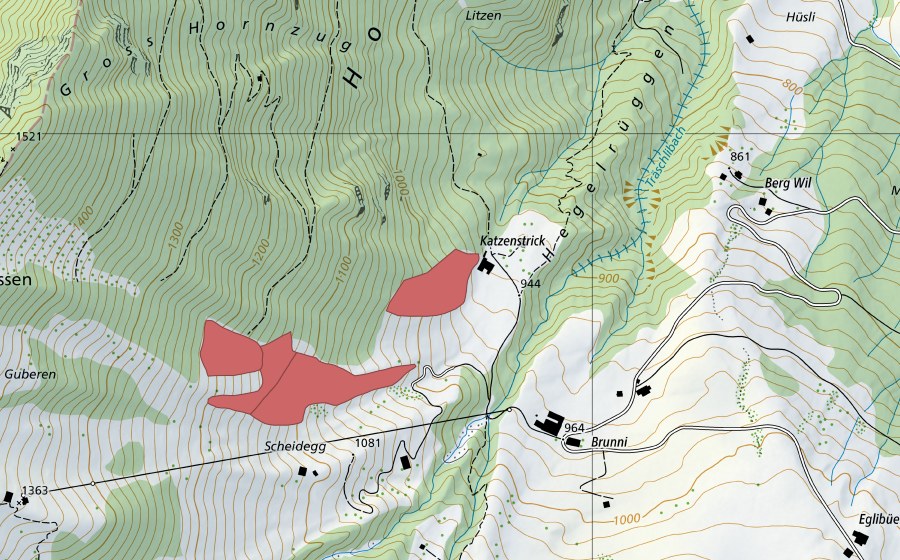 Landeskarte swisstopo mit dem Schutzperimeter von Chatzenstrick (Trockenwiese)