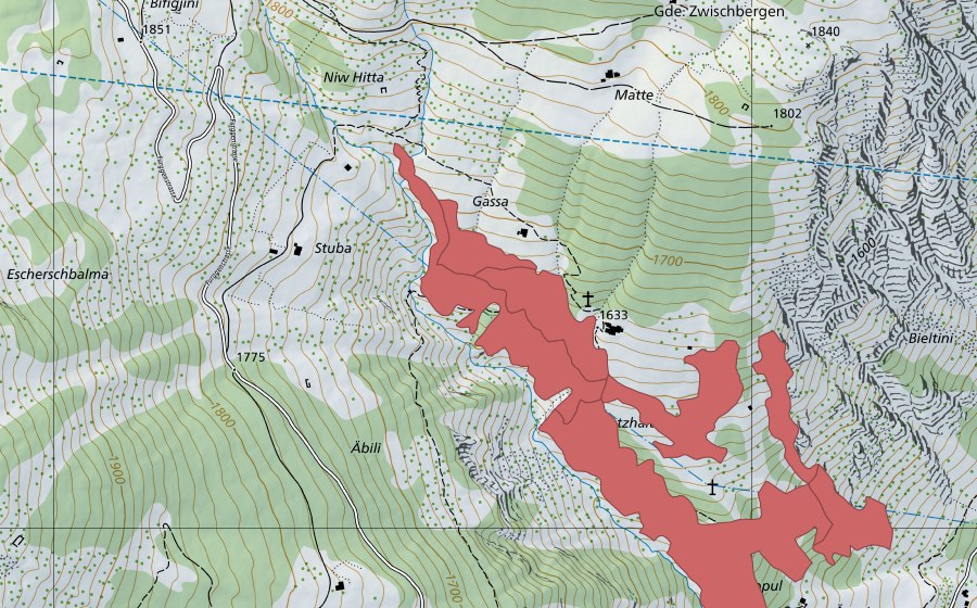 Landeskarte swisstopo mit dem Schutzperimeter von Chatzhalte (Trockenwiese)