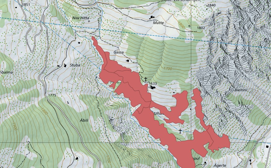 Landeskarte swisstopo mit dem Schutzperimeter von Chatzhalte (Trockenwiese)