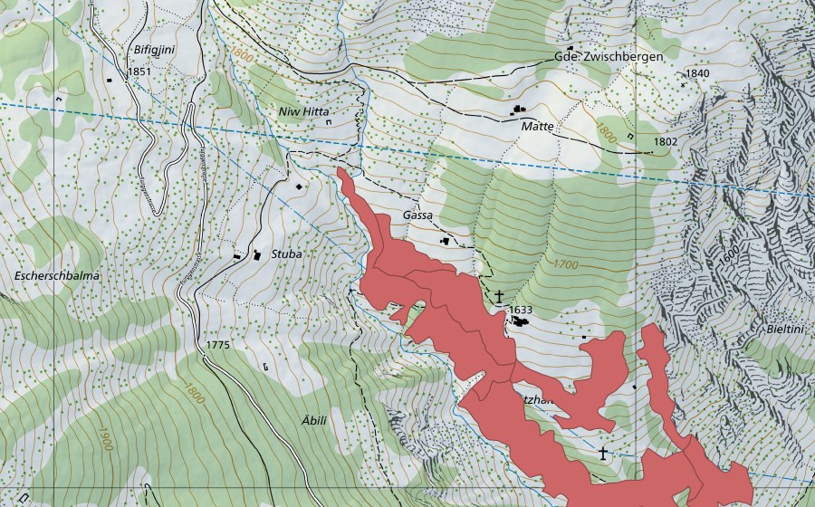 swisstopo national map showing the protected perimeter of Chatzhalte (Dry meadow)
