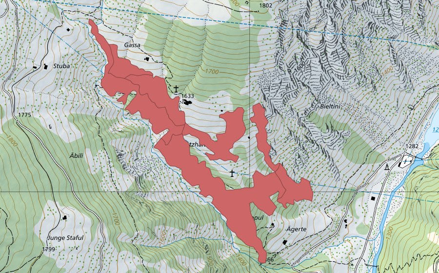Carte nationale swisstopo avec le périmètre protégé de Chatzhalte (Prairie sèche)