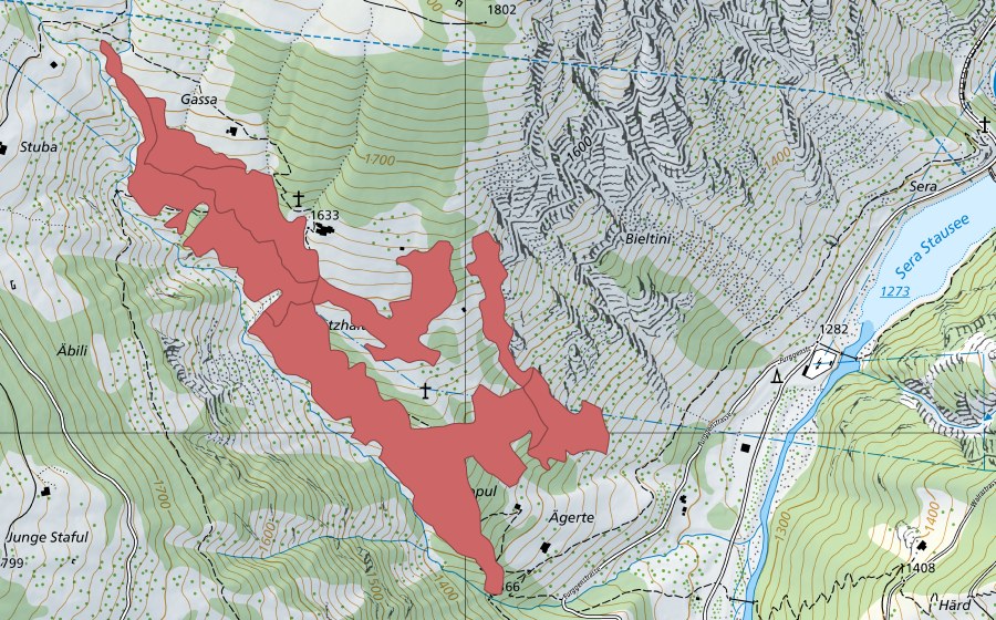 swisstopo national map showing the protected perimeter of Chatzhalte (Dry meadow)