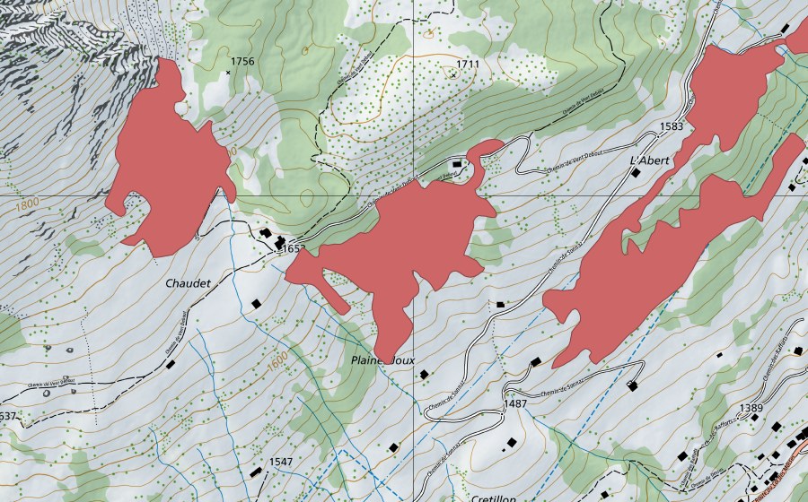 Carte nationale swisstopo avec le périmètre protégé de Chaudet (Prairie sèche)