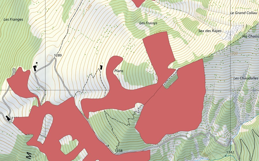 Carte nationale swisstopo avec le périmètre protégé de Chaudzerya (Prairie sèche)