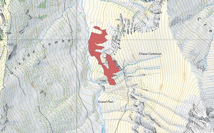 Carte nationale swisstopo avec le périmètre protégé de Chaux Commun (Prairie sèche)