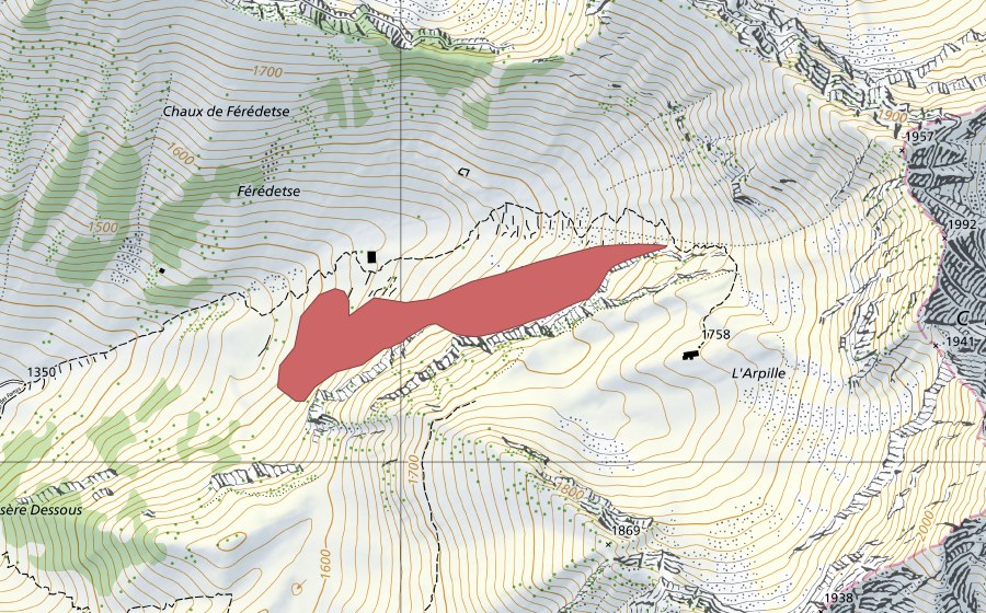 Carta nazionale swisstopo con il perimetro protetto di Chaux de Férédetse (Prato secco)