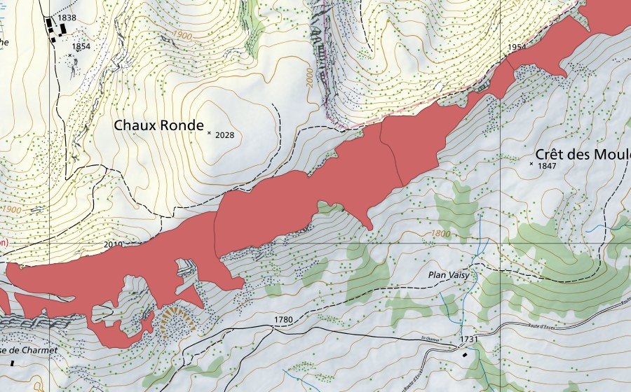 Carte nationale swisstopo avec le périmètre protégé de Chaux Ronde (Prairie sèche)