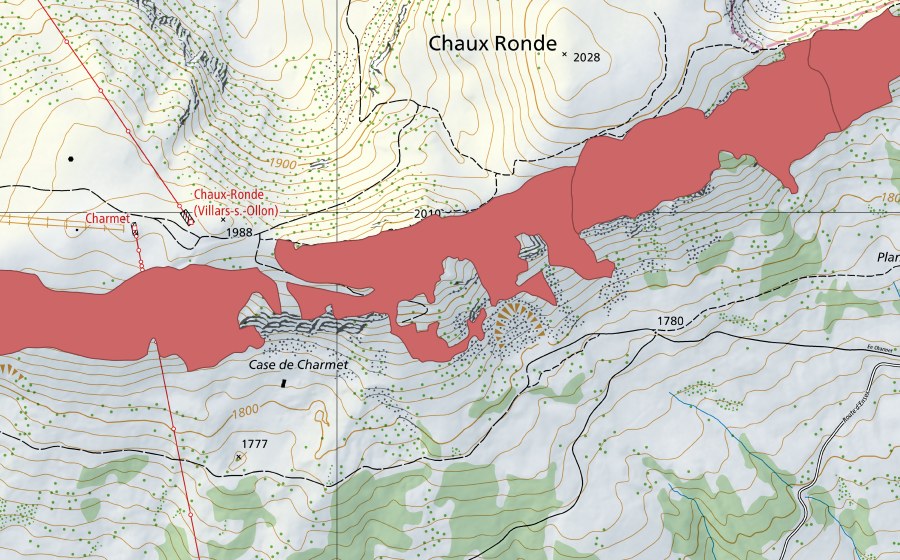 swisstopo national map showing the protected perimeter of Chaux Ronde (Dry meadow)