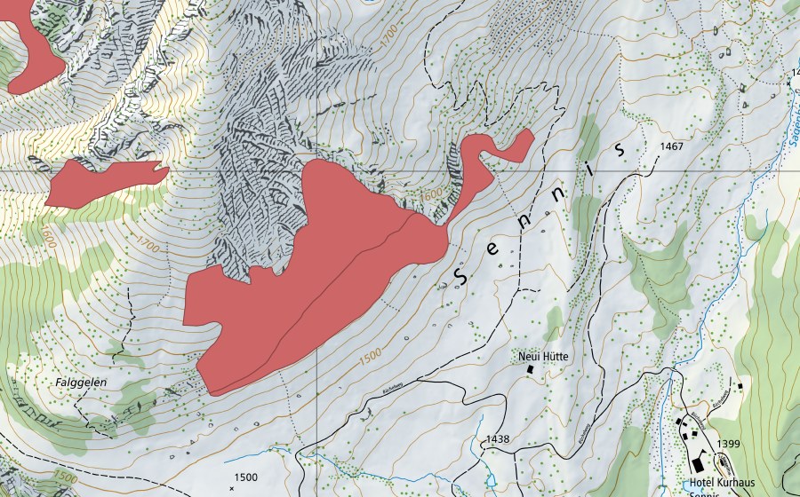 Landeskarte swisstopo mit dem Schutzperimeter von Chegelplatz (Trockenwiese)