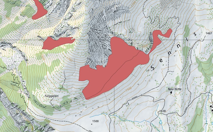 Landeskarte swisstopo mit dem Schutzperimeter von Chegelplatz (Trockenwiese)