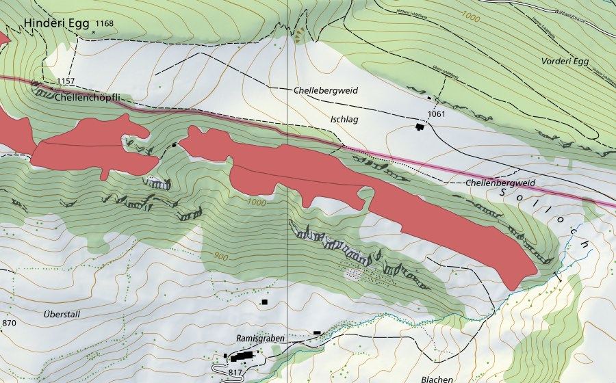 swisstopo national map showing the protected perimeter of Chellenchöpfli (Dry meadow)