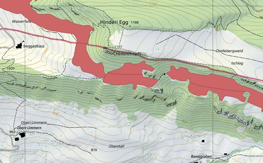Landeskarte swisstopo mit dem Schutzperimeter von Chellenchöpfli (Trockenwiese)