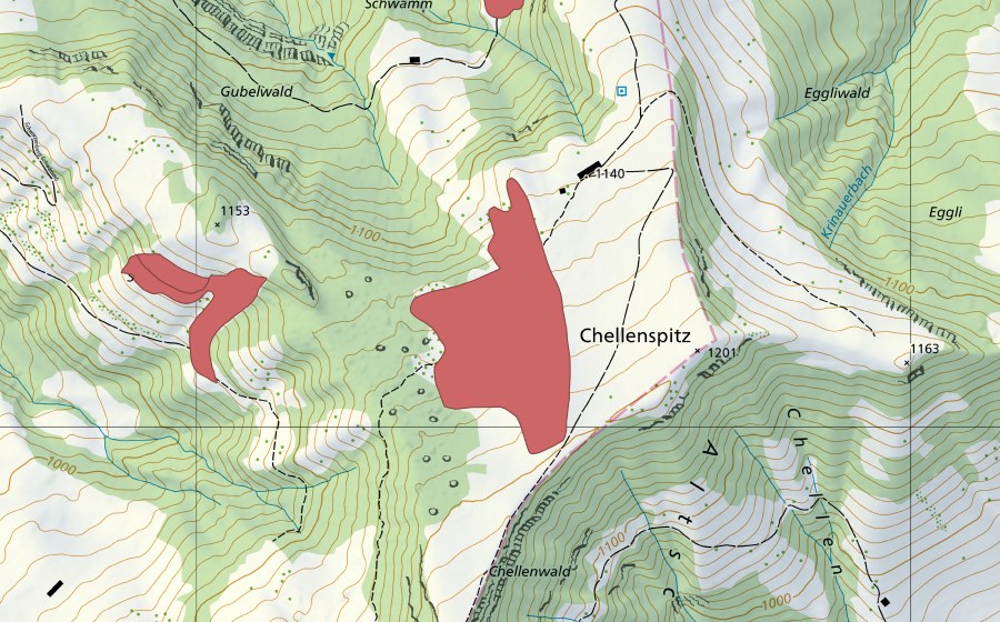 swisstopo national map showing the protected perimeter of Chellenspitz (Dry meadow)