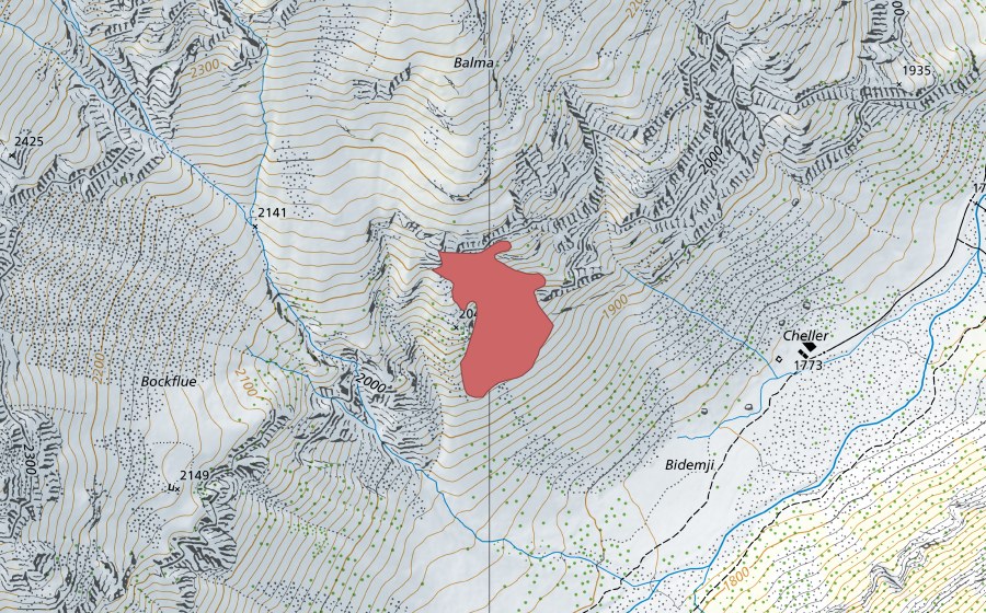 Carte nationale swisstopo avec le périmètre protégé de Cheller (Prairie sèche)