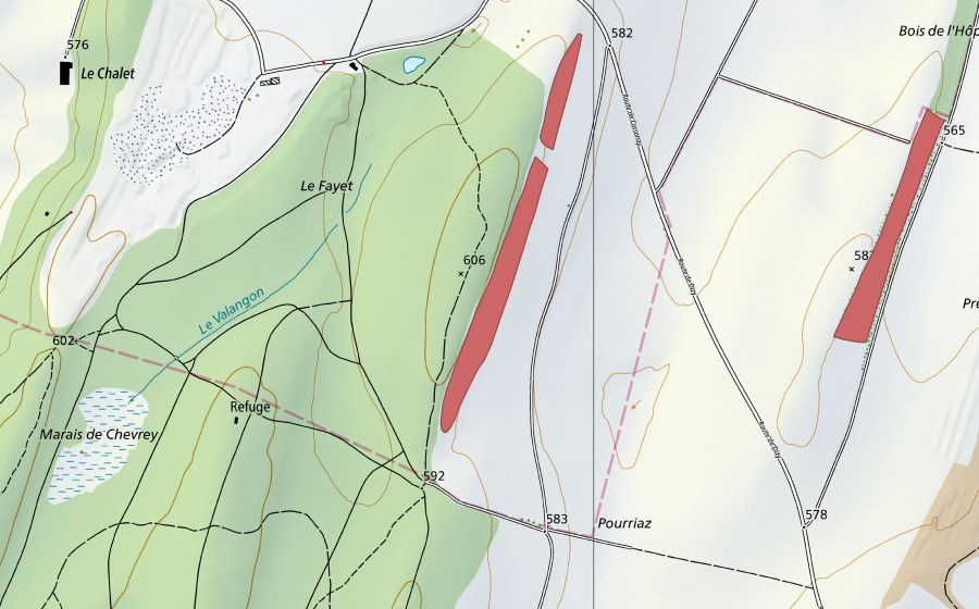 swisstopo national map showing the protected perimeter of Chemin d'Aubonne (Dry meadow)