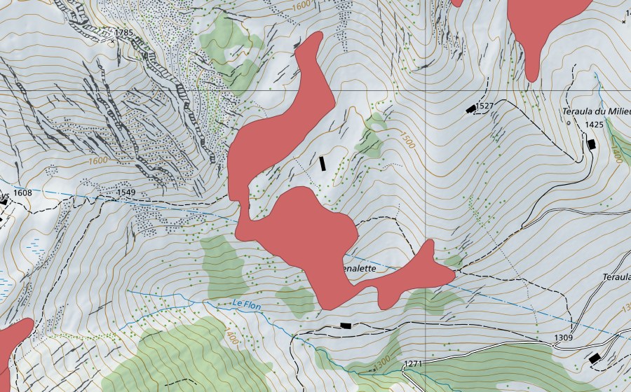 Landeskarte swisstopo mit dem Schutzperimeter von Chenalette (Trockenwiese)