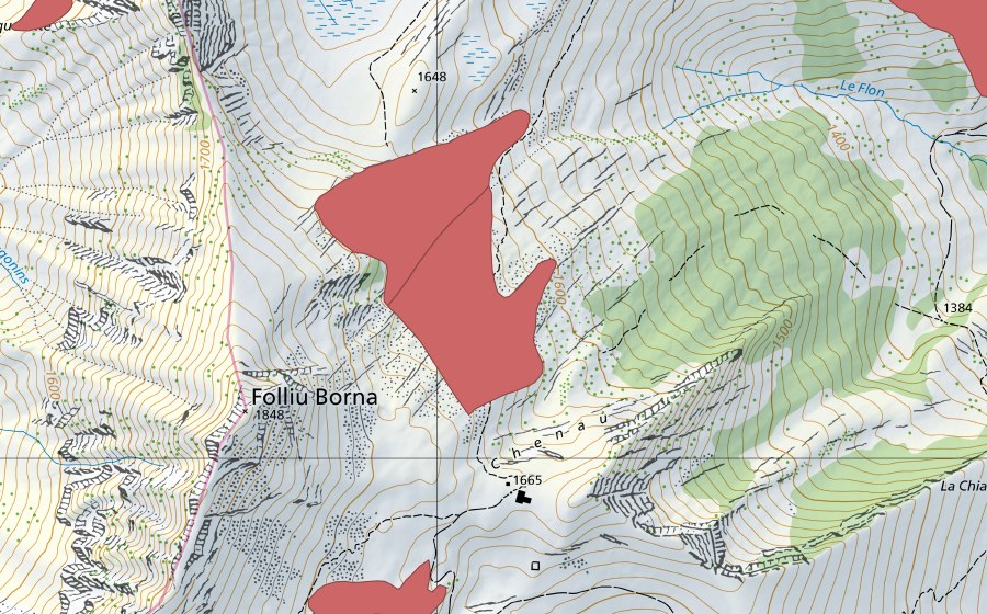 swisstopo national map showing the protected perimeter of Chenau (Dry meadow)