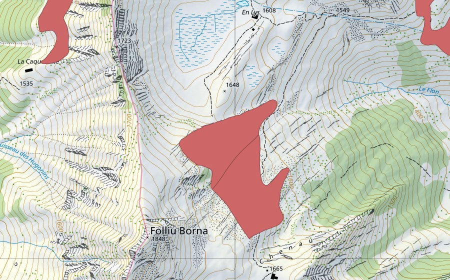 Landeskarte swisstopo mit dem Schutzperimeter von Chenau (Trockenwiese)