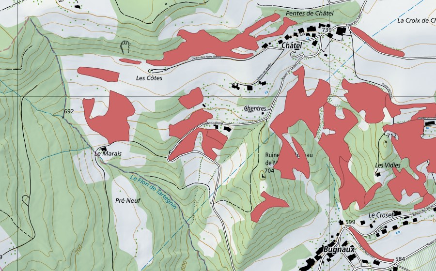 Landeskarte swisstopo mit dem Schutzperimeter von Chentres (Trockenwiese)