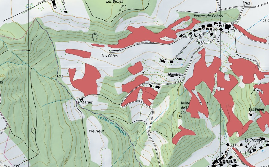 Landeskarte swisstopo mit dem Schutzperimeter von Chentres (Trockenwiese)