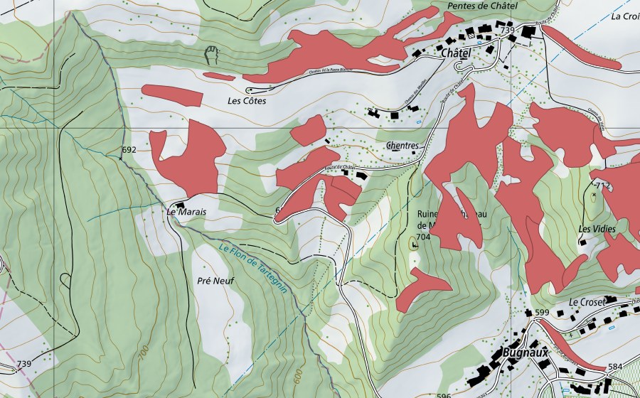 Carte nationale swisstopo avec le périmètre protégé de Chentres (Prairie sèche)