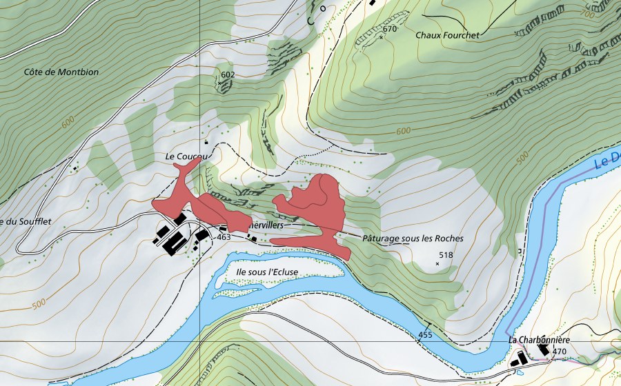 Landeskarte swisstopo mit dem Schutzperimeter von Chervillers (Trockenwiese)