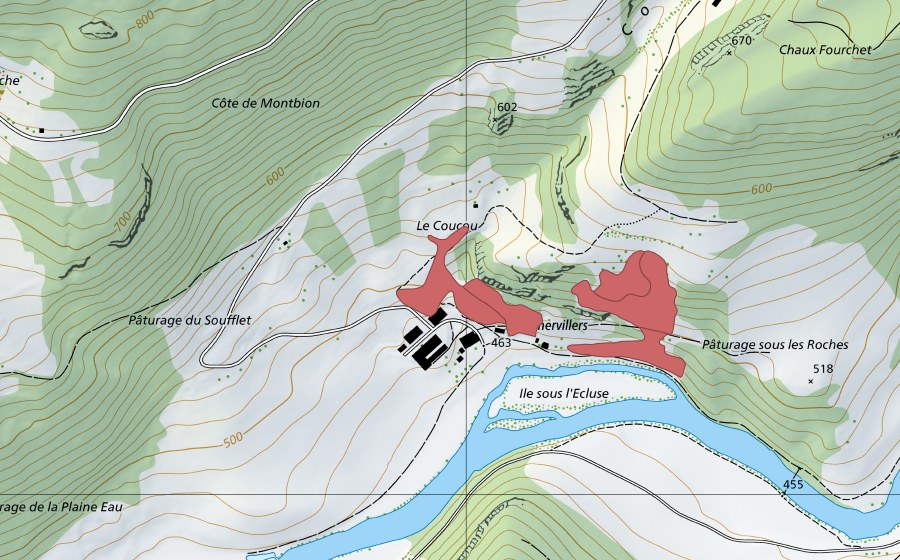 Carte nationale swisstopo avec le périmètre protégé de Chervillers (Prairie sèche)