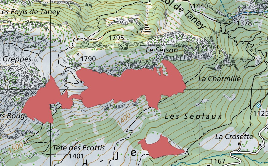 Landeskarte swisstopo mit dem Schutzperimeter von Cheseule (Trockenwiese)