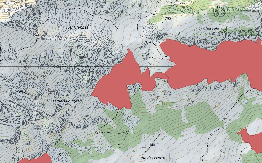 Landeskarte swisstopo mit dem Schutzperimeter von Cheseule (Trockenwiese)