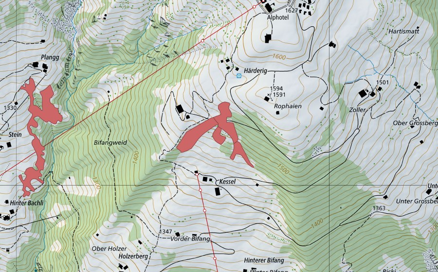 Landeskarte swisstopo mit dem Schutzperimeter von Chessel (Trockenwiese)