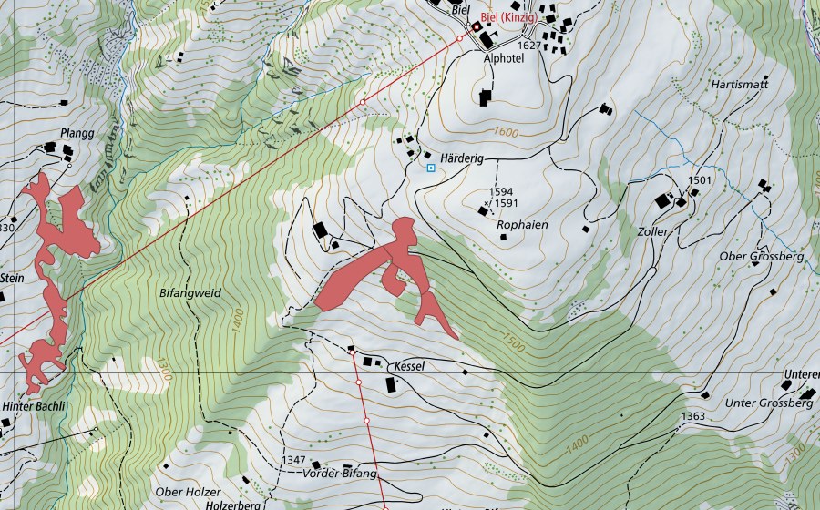 Carte nationale swisstopo avec le périmètre protégé de Chessel (Prairie sèche)