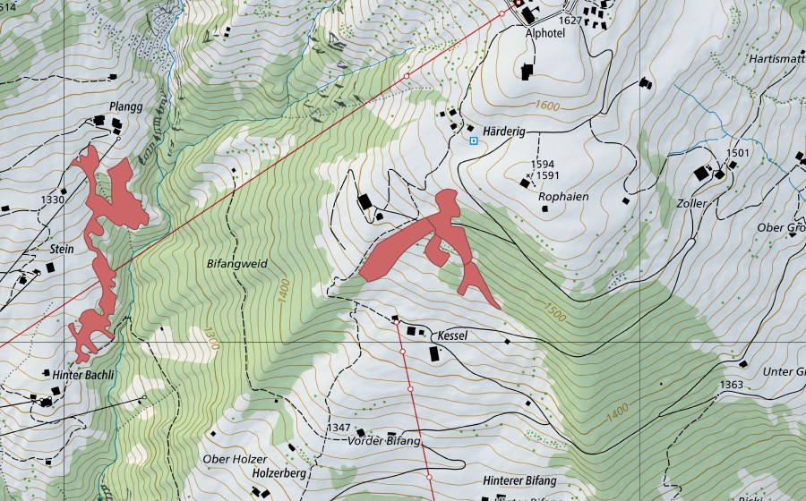 Landeskarte swisstopo mit dem Schutzperimeter von Chessel (Trockenwiese)