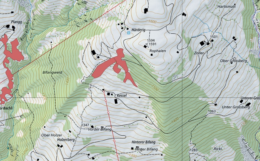 Landeskarte swisstopo mit dem Schutzperimeter von Chessel (Trockenwiese)