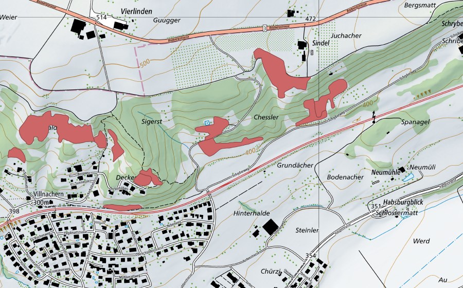 swisstopo national map showing the protected perimeter of Chessler (Dry meadow)