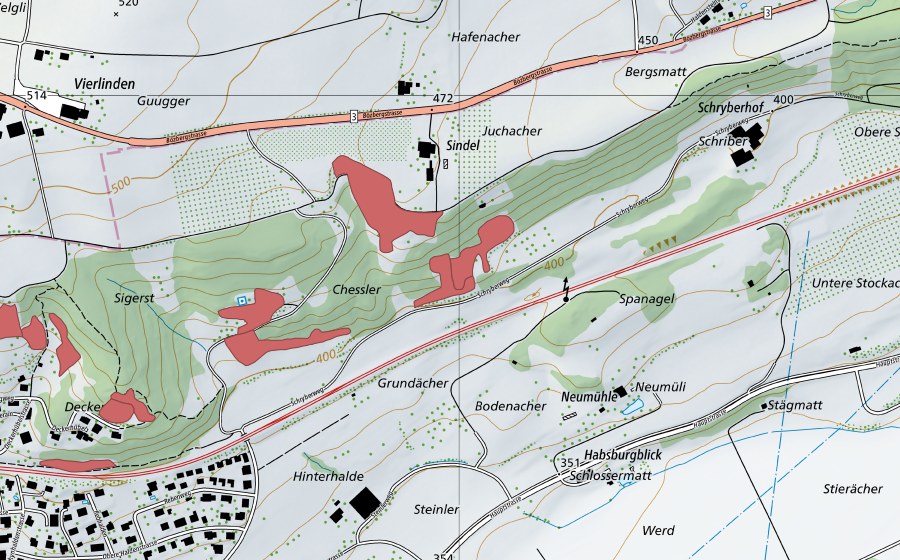 Carte nationale swisstopo avec le périmètre protégé de Chessler (Prairie sèche)