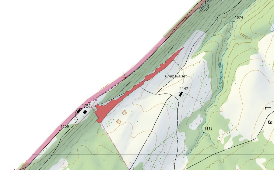 swisstopo national map showing the protected perimeter of Chez Blaiset (Dry meadow)