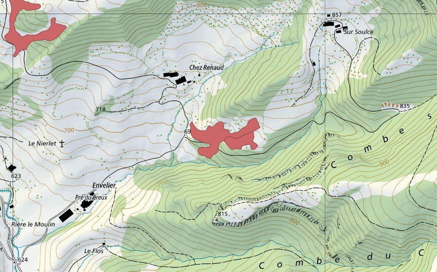 Landeskarte swisstopo mit dem Schutzperimeter von Chez Renaud (Trockenwiese)