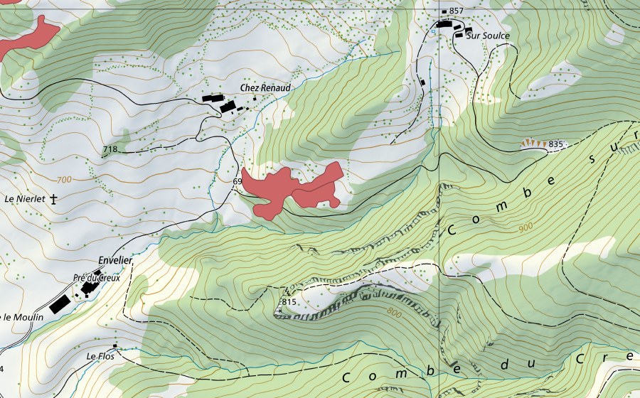 swisstopo national map showing the protected perimeter of Chez Renaud (Dry meadow)