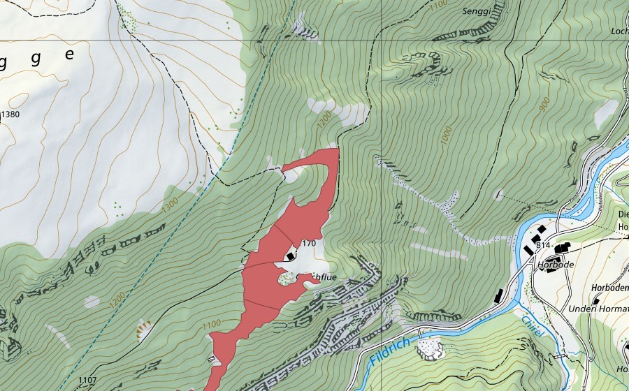 Landeskarte swisstopo mit dem Schutzperimeter von Chilchflue (Trockenwiese)
