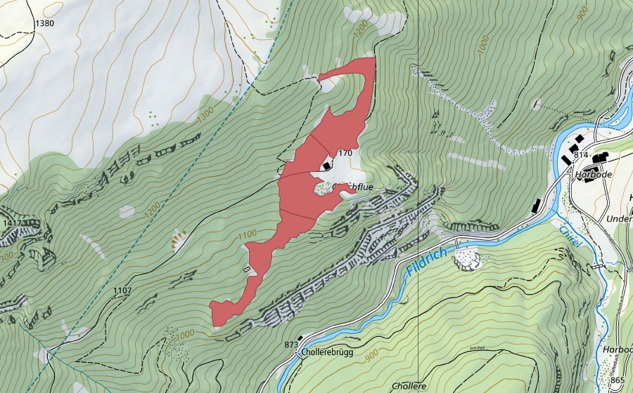 Landeskarte swisstopo mit dem Schutzperimeter von Chilchflue (Trockenwiese)