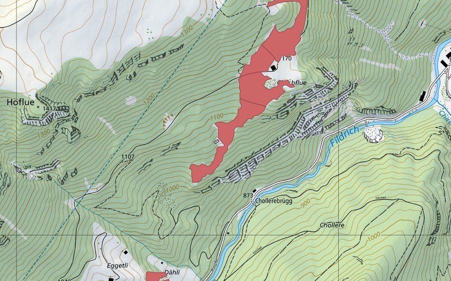 Carte nationale swisstopo avec le périmètre protégé de Chilchflue (Prairie sèche)