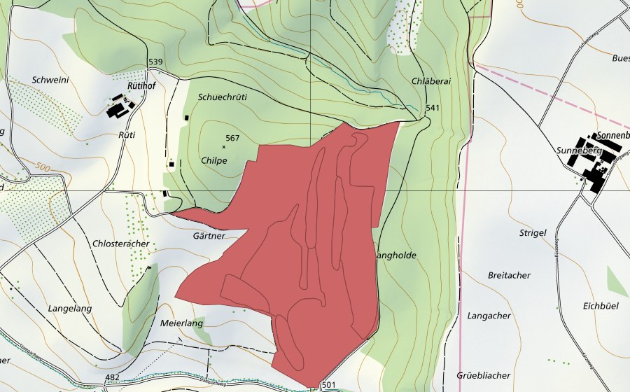 Carte nationale swisstopo avec le périmètre protégé de Chilpen (Prairie sèche)