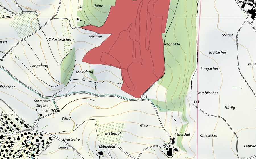 swisstopo national map showing the protected perimeter of Chilpen (Dry meadow)