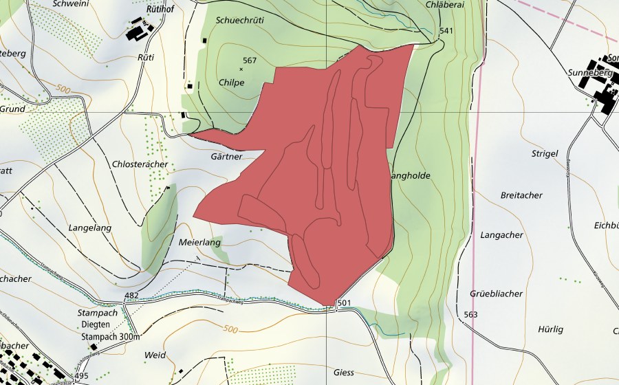 Carte nationale swisstopo avec le périmètre protégé de Chilpen (Prairie sèche)